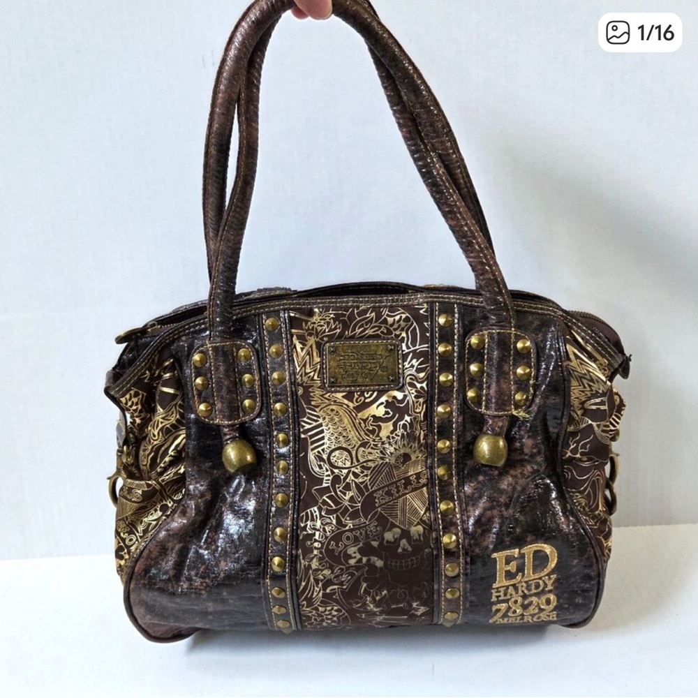 ISO Ed Hardy Brown and Gold Graphic Satchel